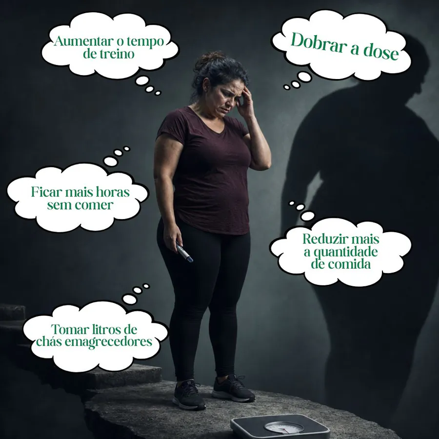 Mulher cercada por pensamentos sobre aumentar treino, dose, restrição e chás emagrecedores